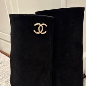 Designer inspired suede black Boots with Gold Emblem